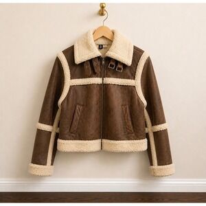 H&M Divided Womens Brown Faux Shearling Aviator Jacket Size M Pilot Coat
